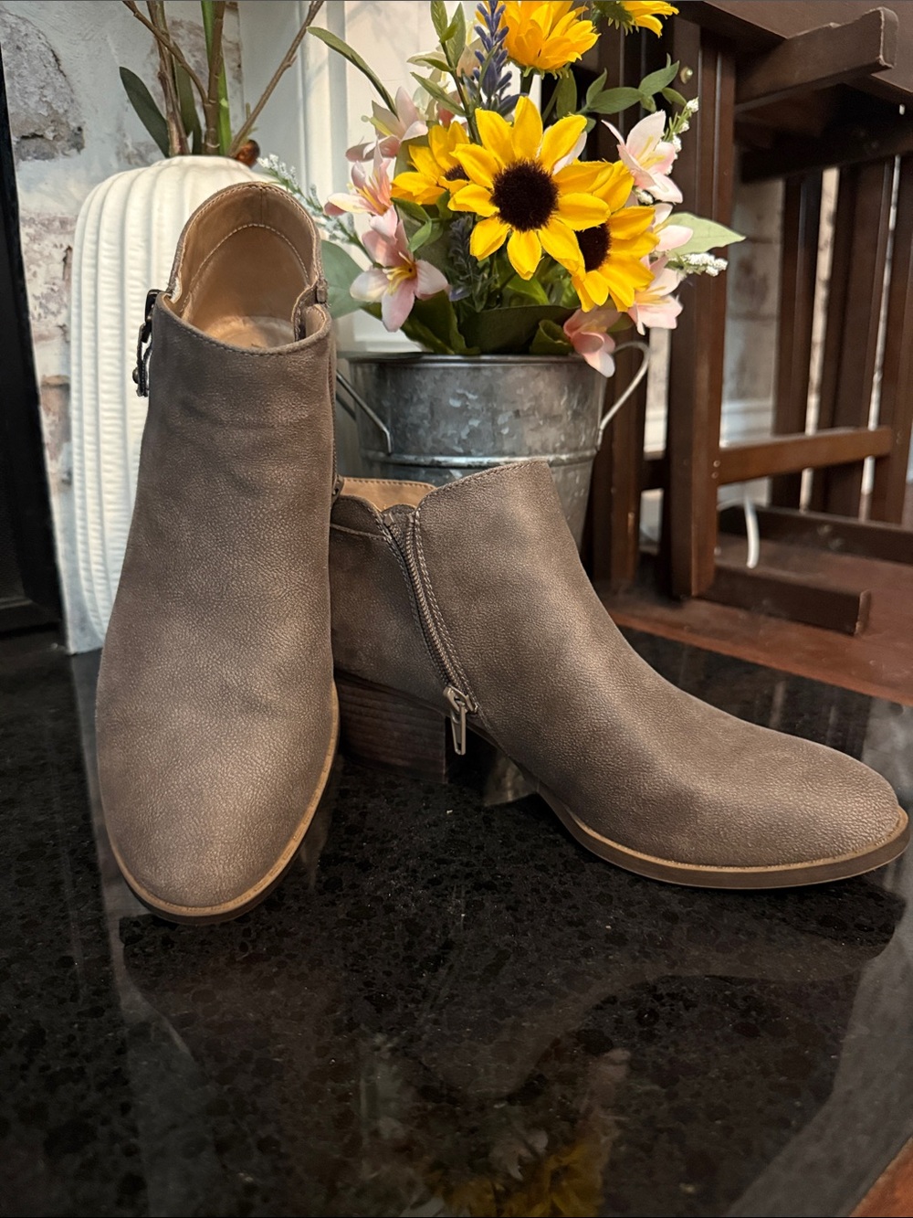 Life Stride Taupe Suede Ankle Booties with Side Zip